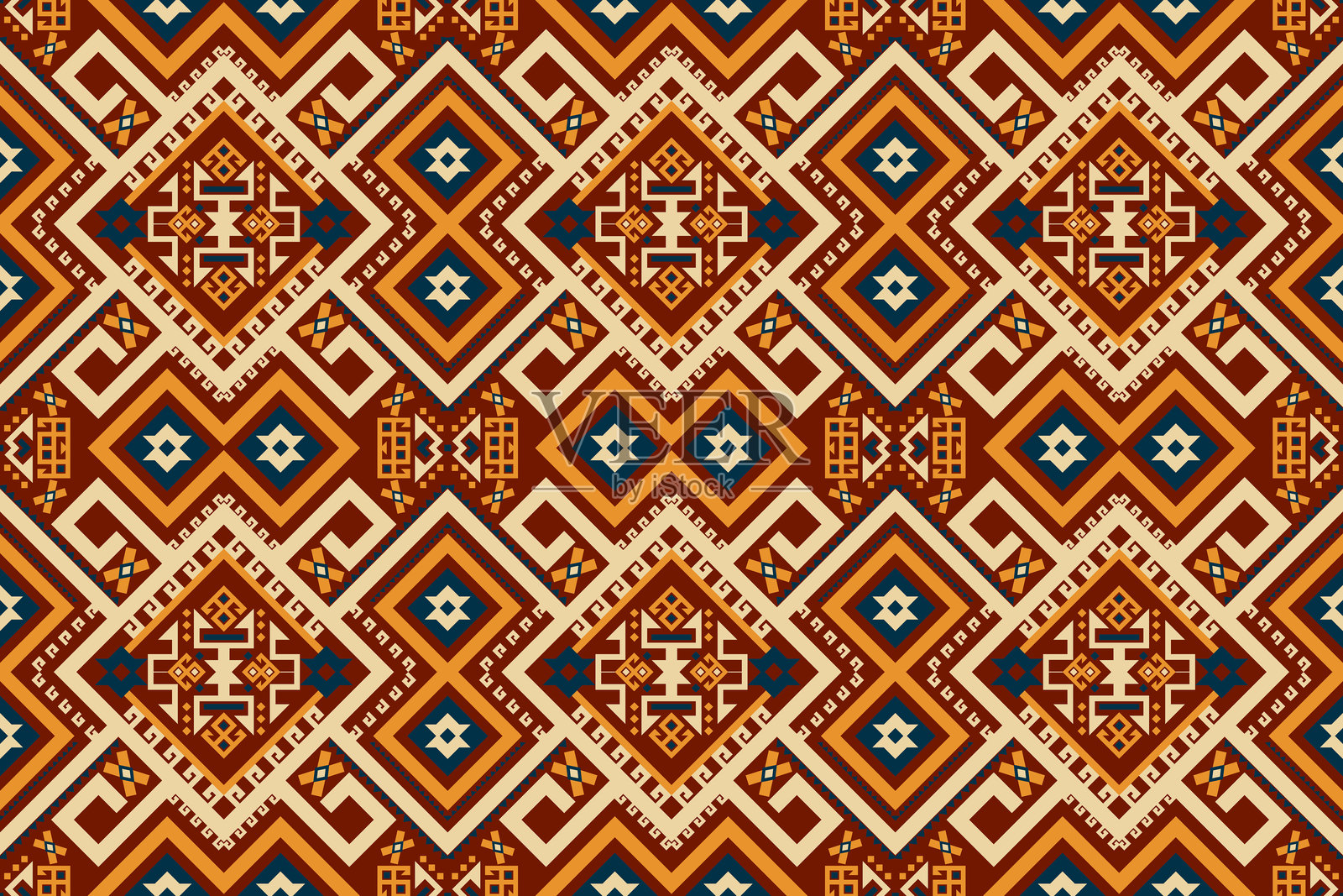 棕色背景上的几何花卉无缝图案插画图片素材