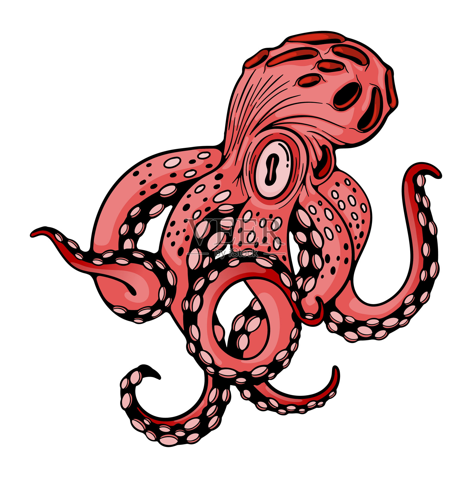 复古风格的红色血章鱼海怪插图。可用于T恤、商品、丝网印刷和音乐节活动。插画图片素材