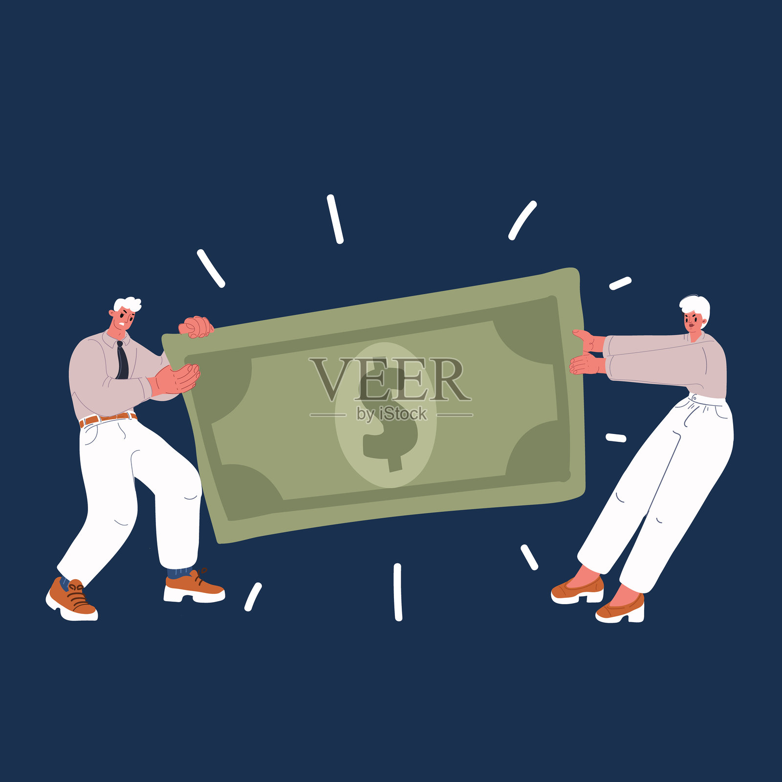 卡通矢量插图，商业伙伴共同握住一张大钞，象征着财务合作与伙伴关系插画图片素材