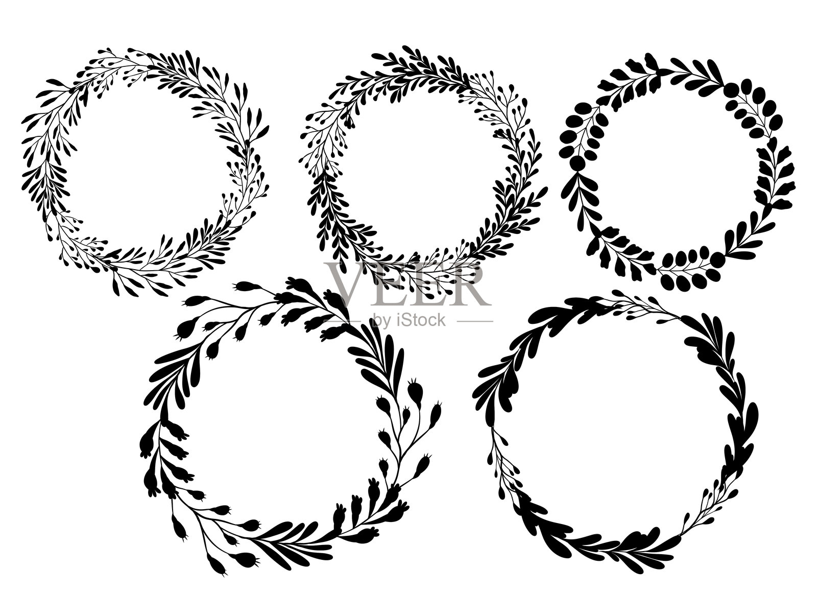 黑色花环剪影矢量集。优雅植物设计的圆形框架合集。简约平面风格插画图片素材