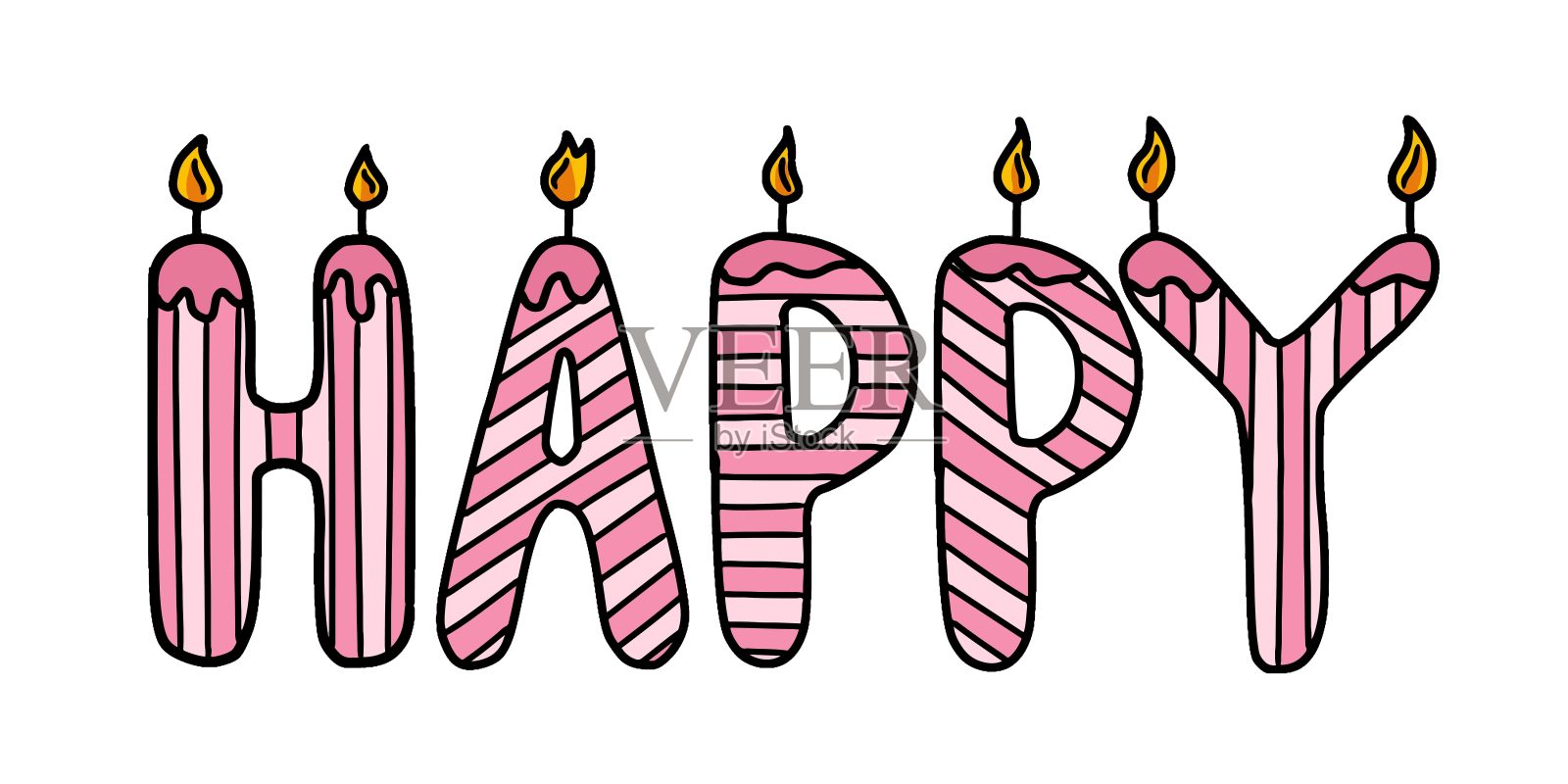 手绘的生日快乐蜡烛字母插图。蜡烛形状的“快乐”字。粉色条纹的生日蜡烛。插画图片素材