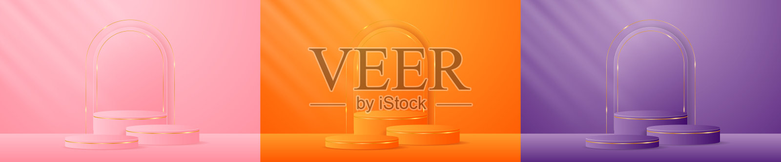 一组粉色、橙色、紫色的讲台，配有优雅的金色线条，用于产品展示插画图片素材