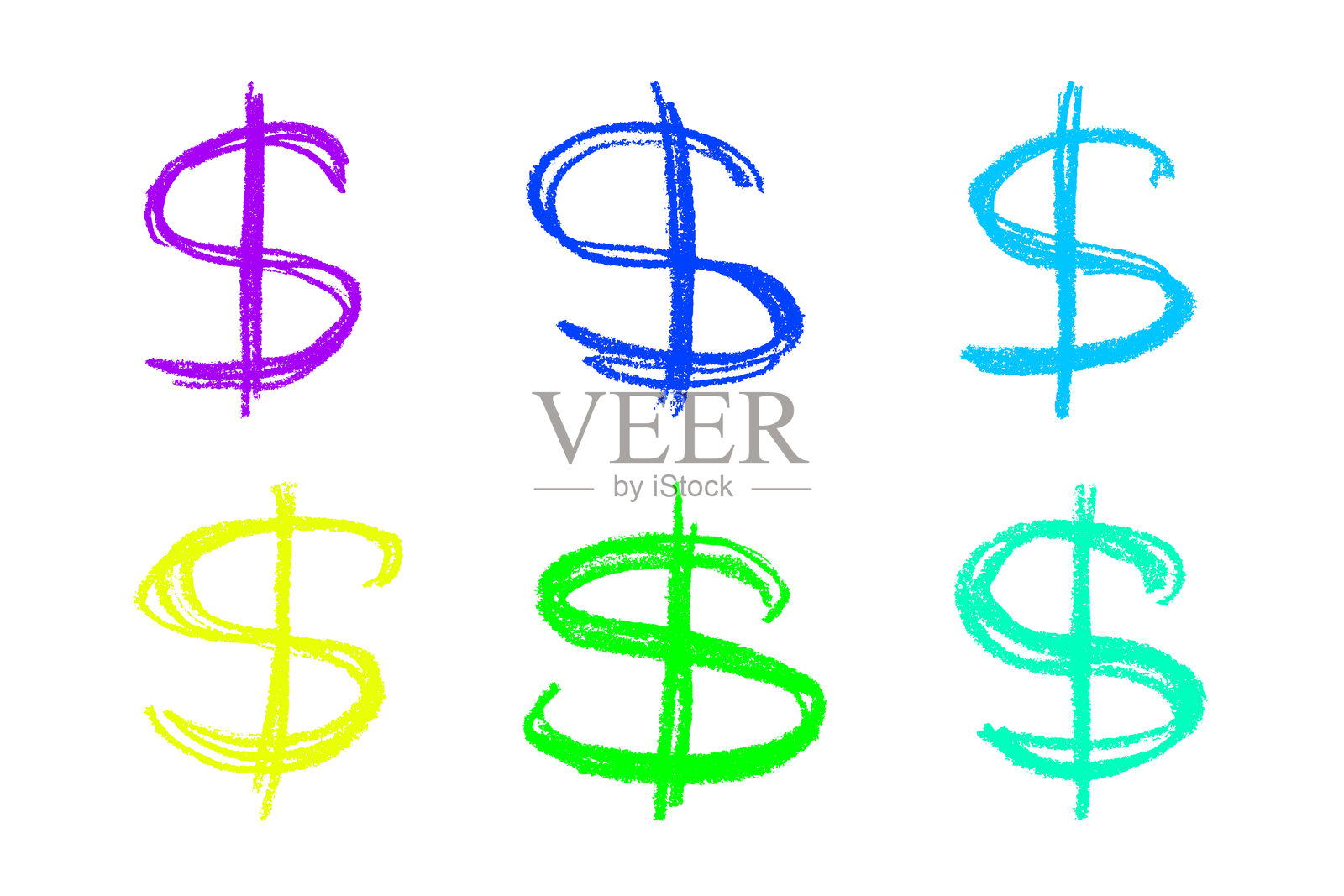 手绘美元符号的集合。刷笔画涂鸦。设计的单一元素。插画图片素材