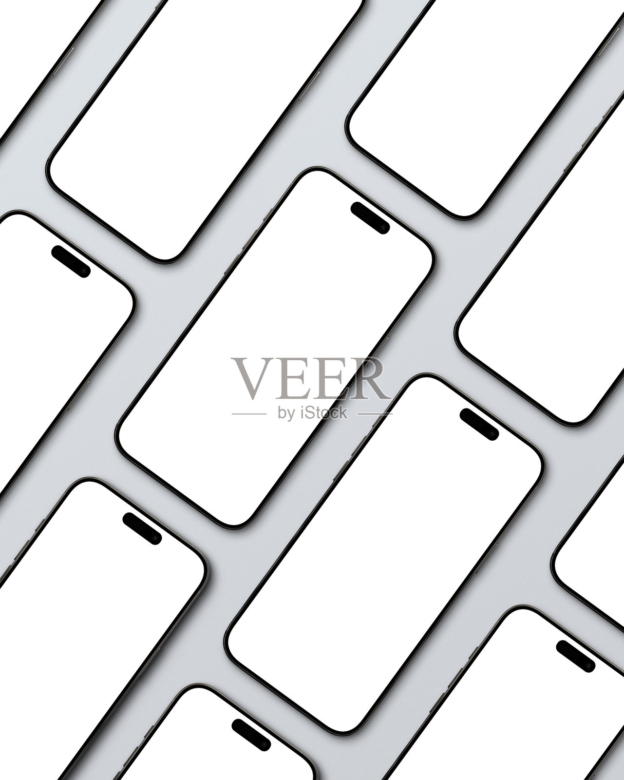 多部屏幕空白的智能手机排列在灰色背景上照片摄影图片