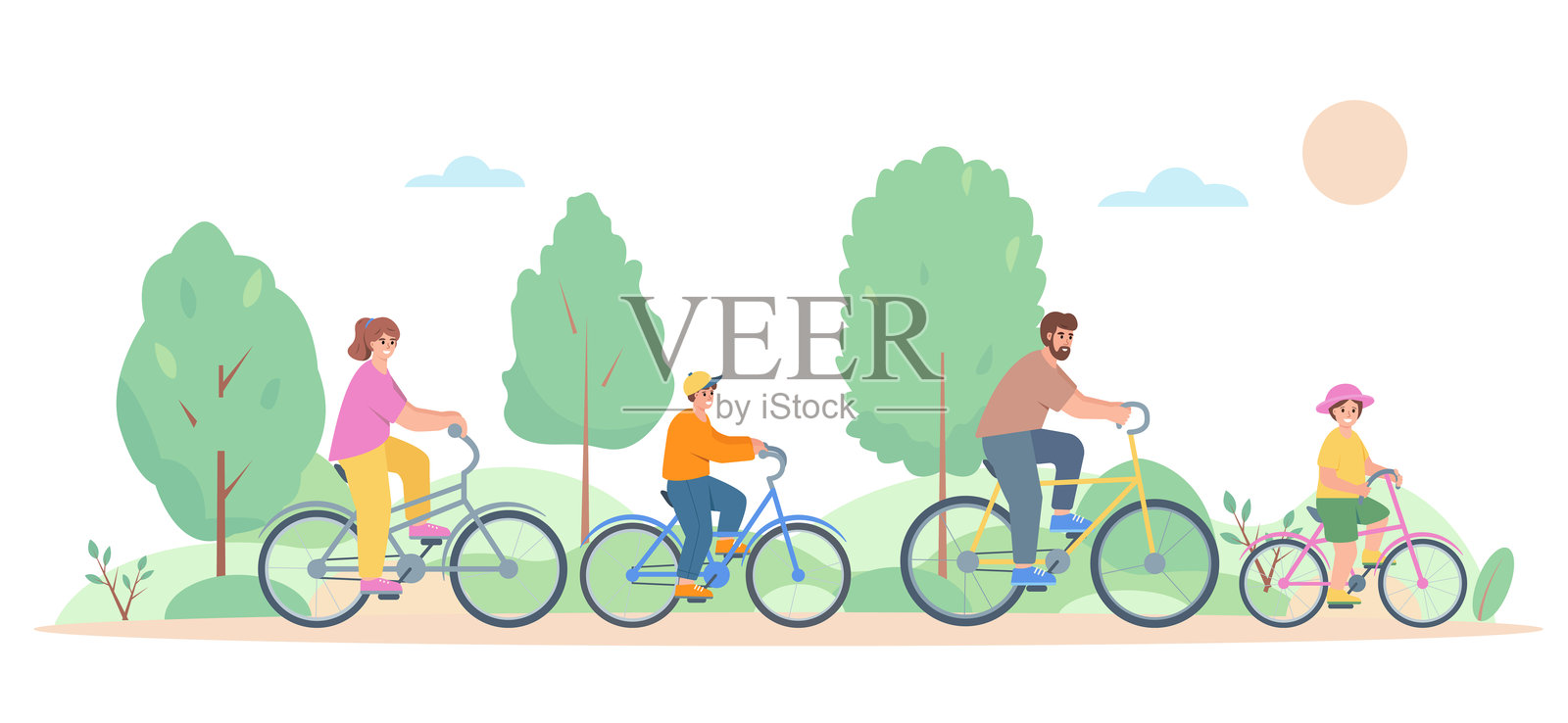 父母与孩子的家庭活动。快乐的父亲、母亲与儿子和女儿在城市公园骑自行车。插画图片素材