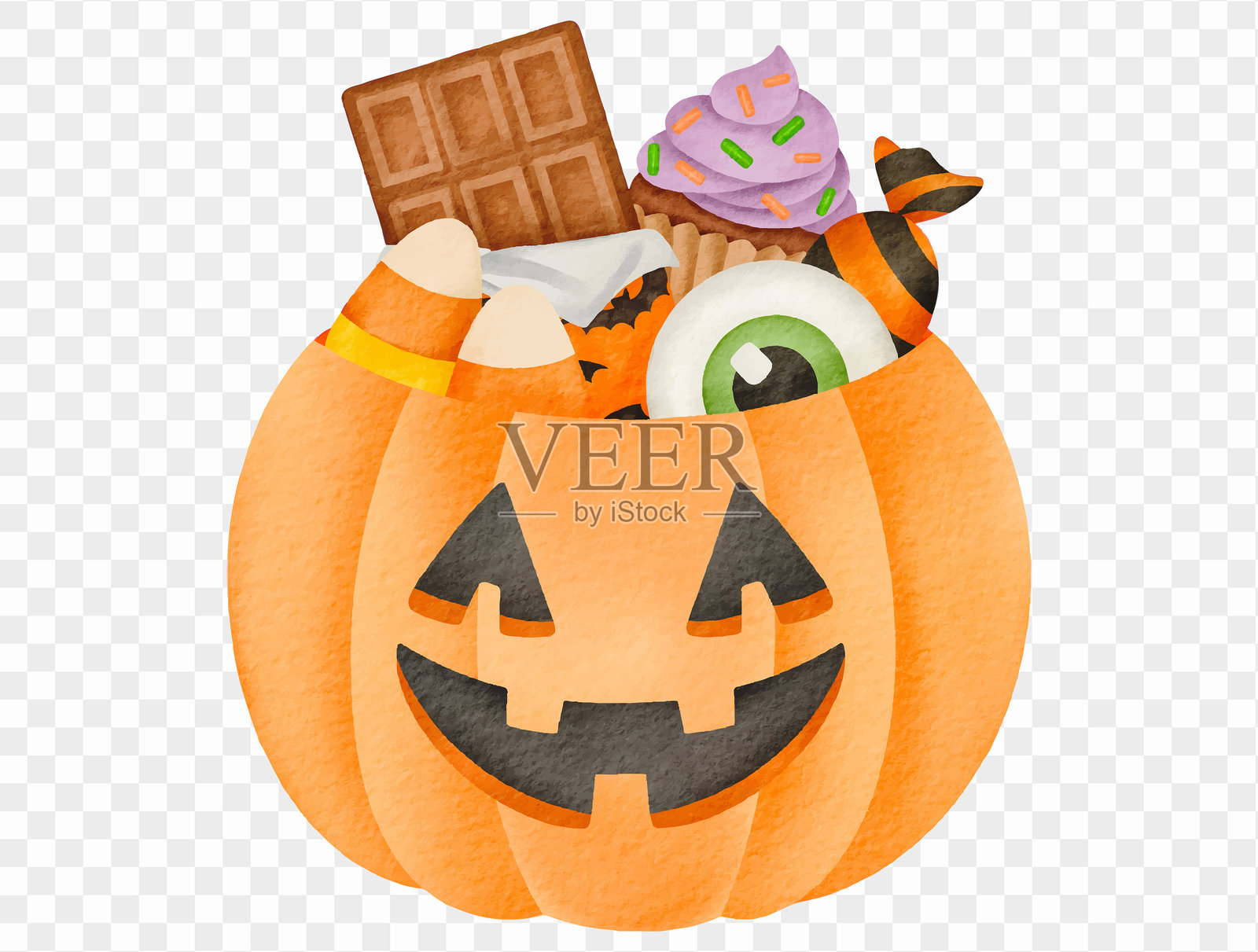 水彩南瓜桶装满万圣节糖果，节日气氛，神秘恐怖的矢量图。插画图片素材