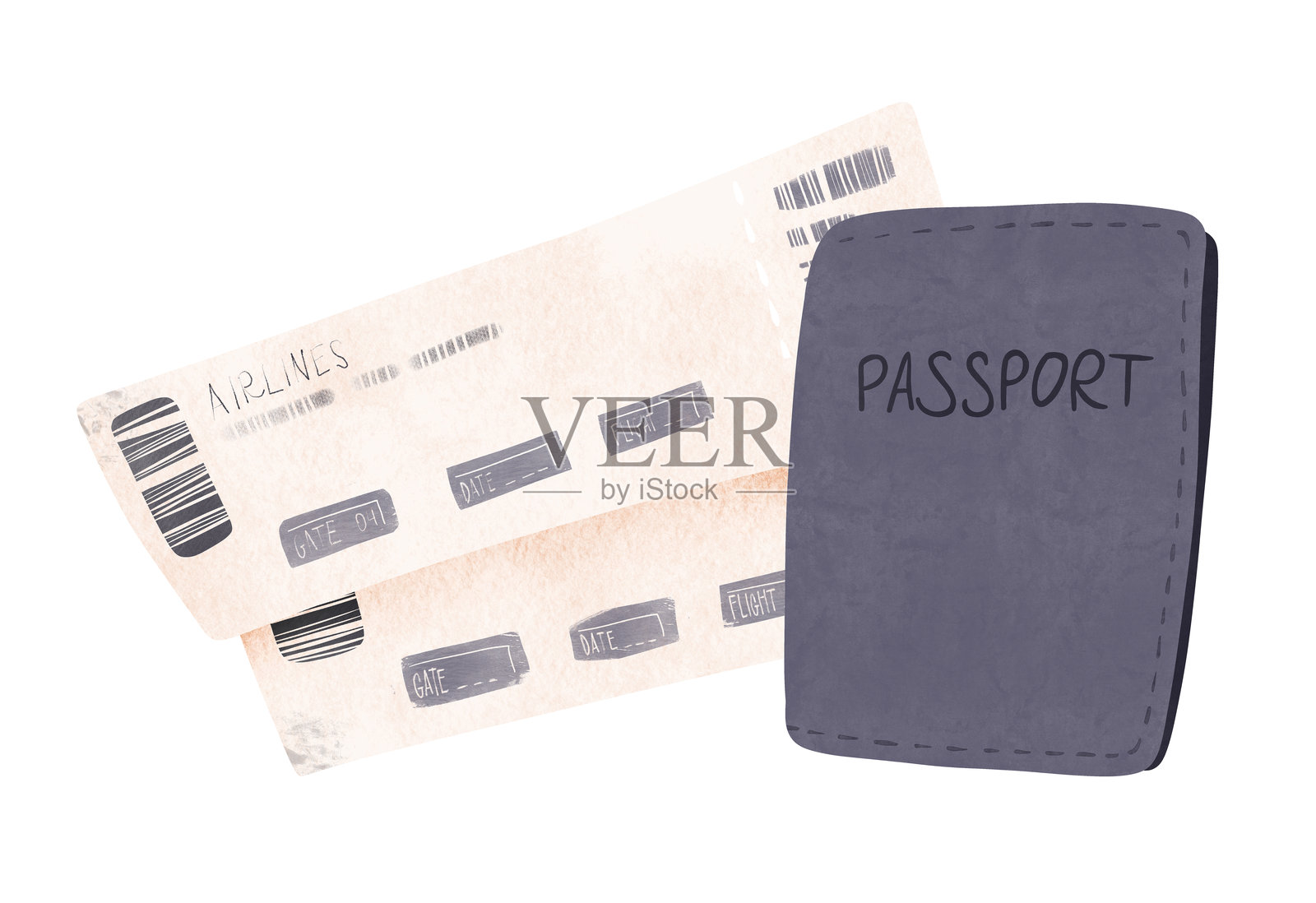 奇幻的卡通登机牌和护照，水彩儿童插画风格。适合旅行冒险、儿童书籍、海报、贺卡、亲子旅行、旅行代理网站。插画图片素材