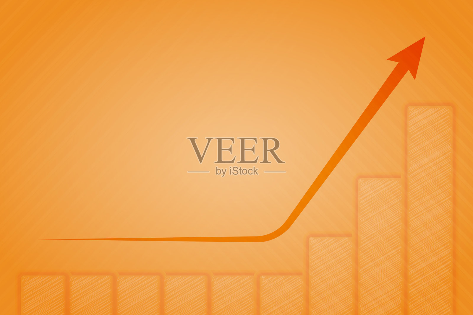 在空白的桃橙色纹理背景上，展示了一根向上弯曲的棕色复古风格箭头，代表在平稳期后股市利润、增长和历史销售数据进展的上升趋势，适合用于展示增长的柱状图。插画图片素材