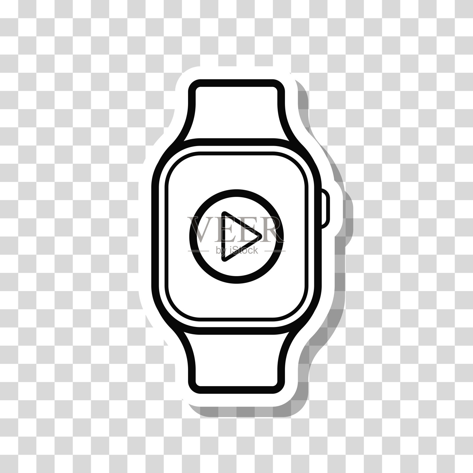 带播放按钮的智能手表。空白背景上的图标贴纸插画图片素材