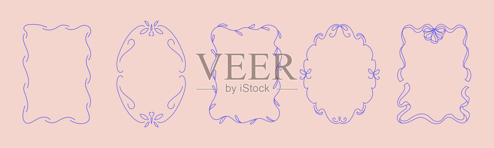 一组手绘的时尚涂鸦框架，带有波浪线、蝴蝶结和丝带。适用于生日、圣诞节和婚礼邀请的极简线条艺术。插画图片素材