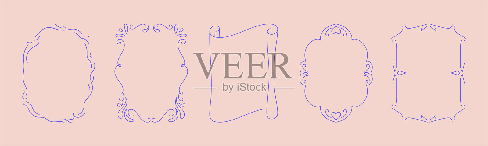 一组手绘的时尚涂鸦框架，带有波浪线、蝴蝶结和丝带。适用于生日、圣诞节和婚礼邀请的极简线条艺术。插画图片素材