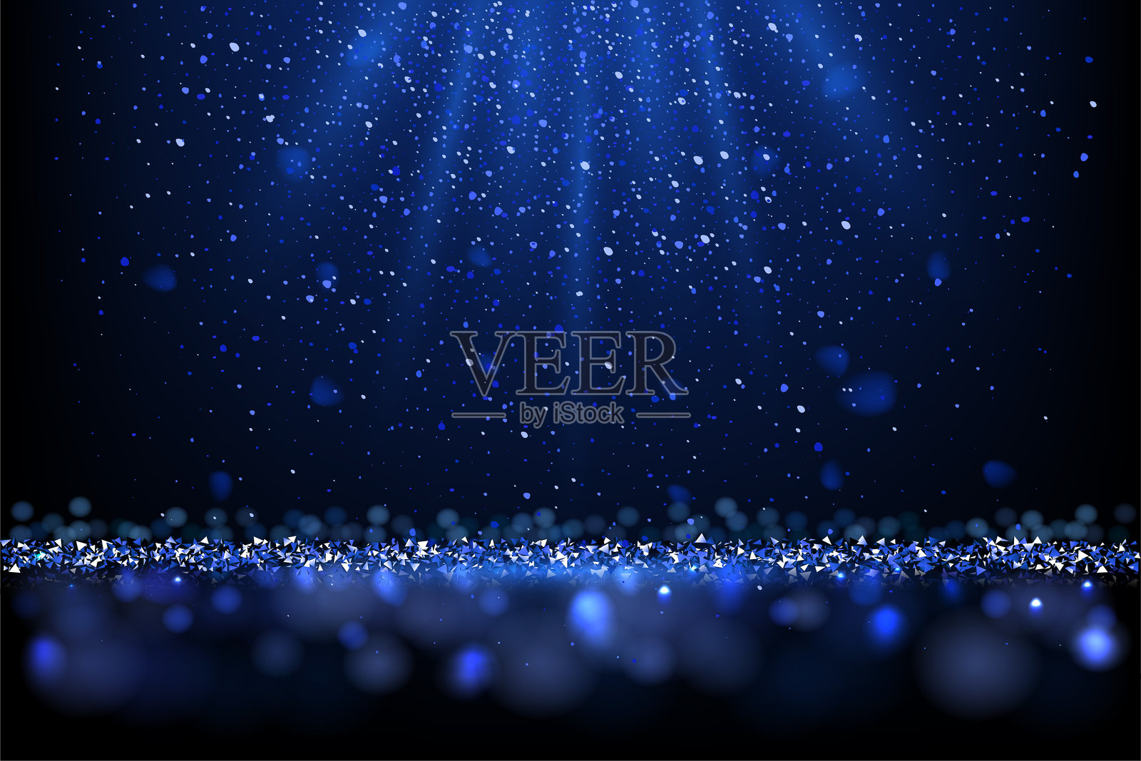 蓝色闪光背景，带有闪烁的光点。闪亮的金属颗粒、发光的光束和黑暗中的散景效果。奢华的节日场景，适合庆祝、假日和颁奖设计。矢量插图插画图片素材