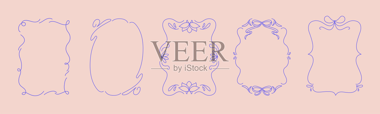 手绘时尚波浪线框架的涂鸦集合，配有蝴蝶结和丝带。适用于生日、圣诞节和婚礼邀请的极简线条艺术。插画图片素材