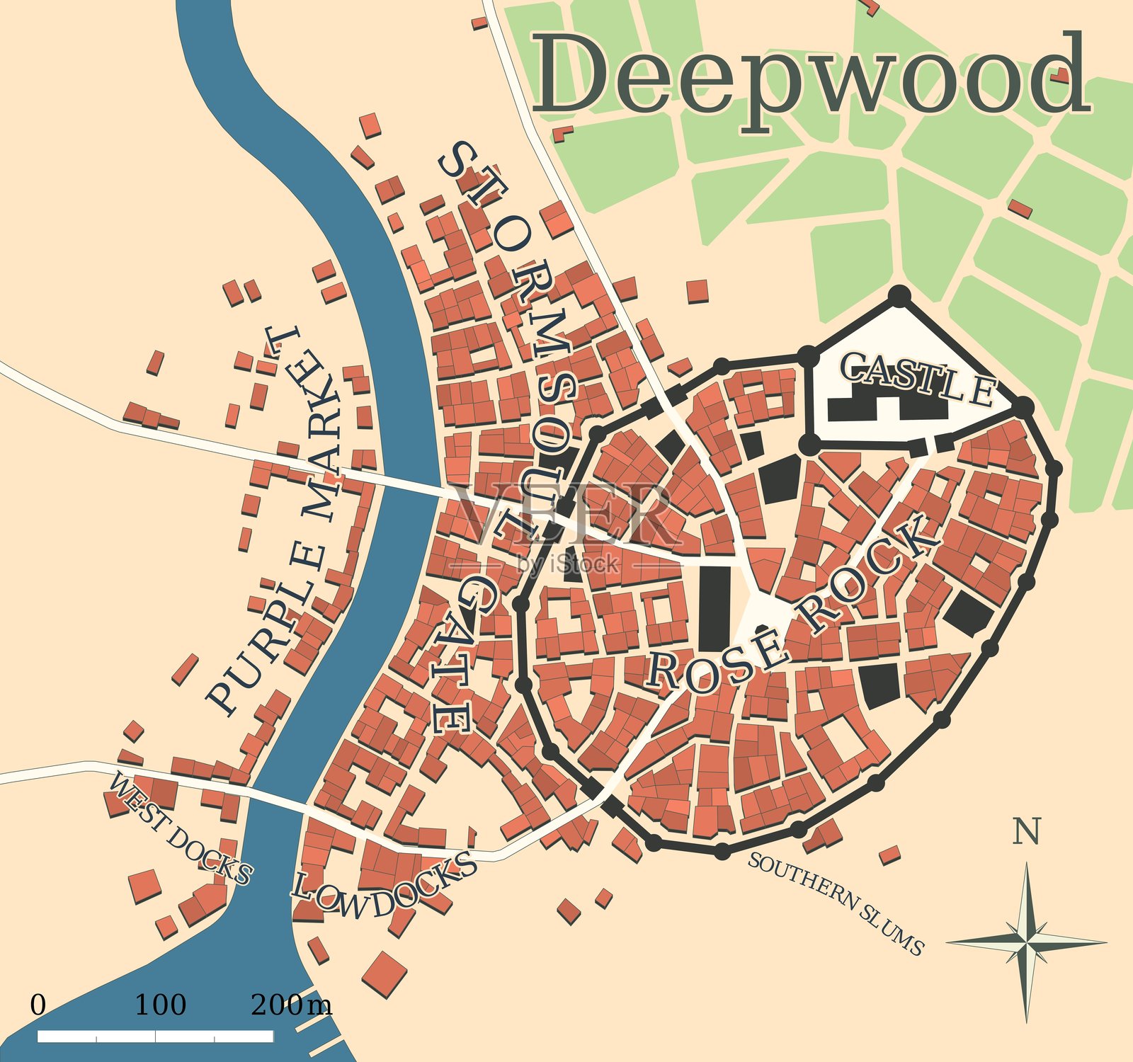 老式矢量地图幻想小镇设计插画图片素材