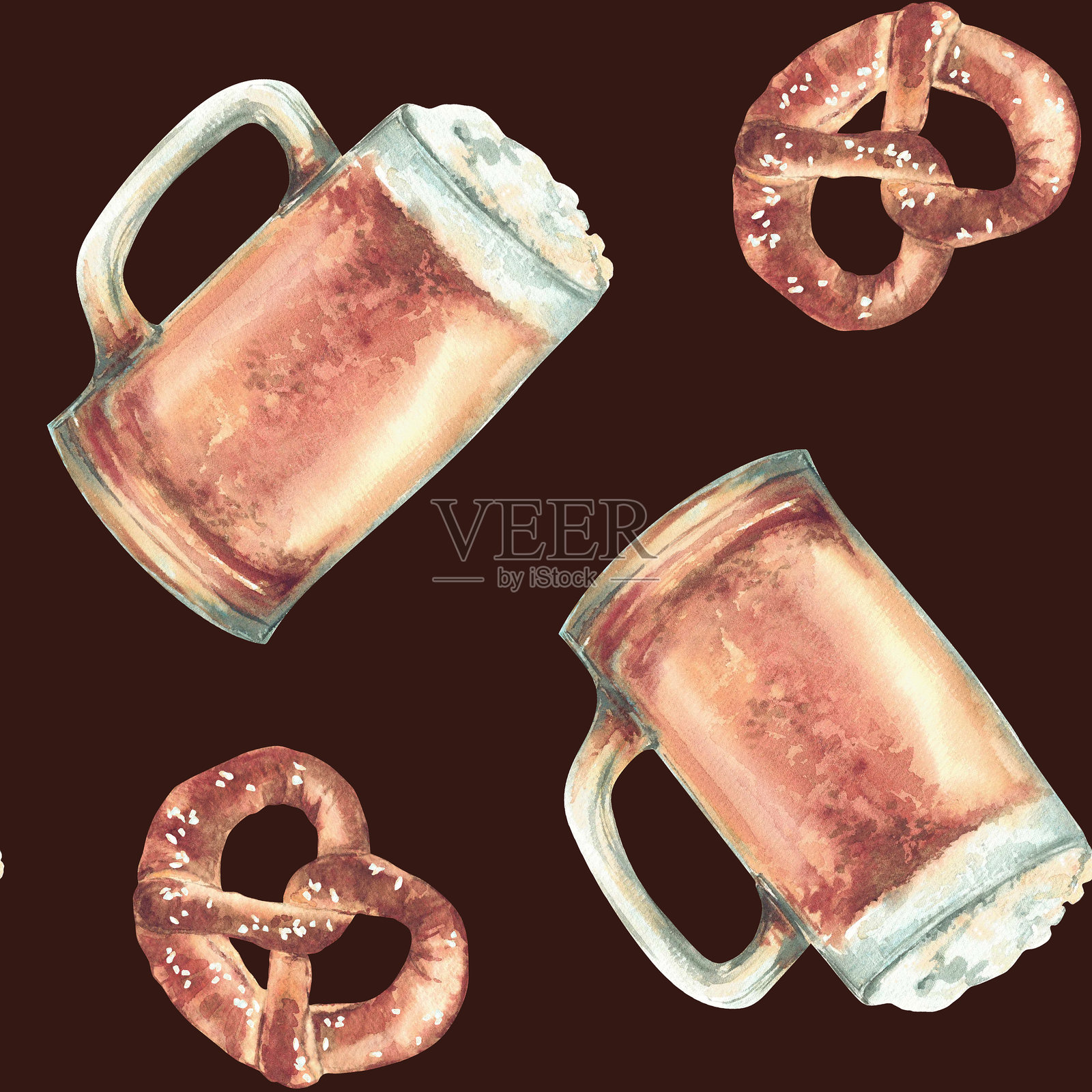 啤酒杯与椒盐卷饼的无缝图案。淡色啤酒，水彩手绘的麦芽酒。插画图片素材