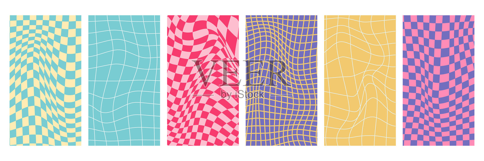 复古迷幻的格子无缝图案集，带有扭曲的网格瓷砖。70年代嬉皮风格的迷幻复古背景。适用于时尚、纺织、海报和印刷的抽象矢量纹理。插画图片素材