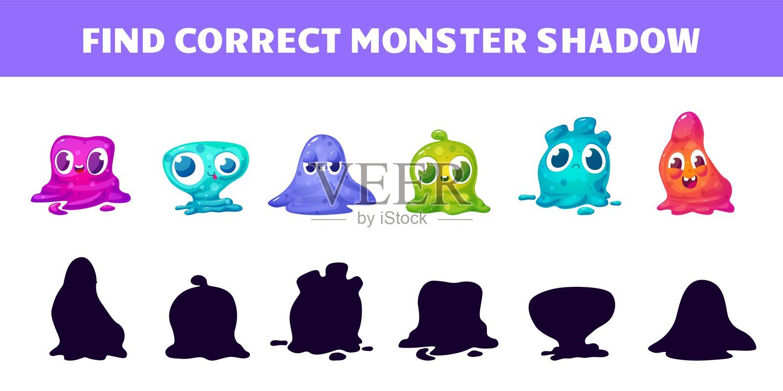 寻找正确的黏糊糊外星人影子。儿童教育与发展游戏。卡通有趣的明亮怪物，儿童吉祥物。游戏模板矢量概念。插画图片素材