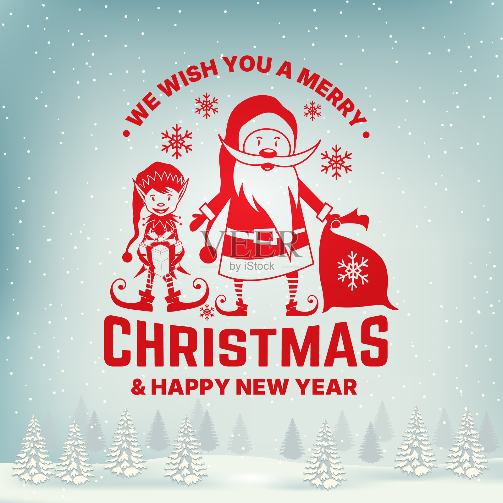 祝您圣诞快乐，新年快乐的邮票，贴纸套装，包含树木、圣诞老人和小精灵。矢量图。复古风格的圣诞和新年标志设计。插画图片素材