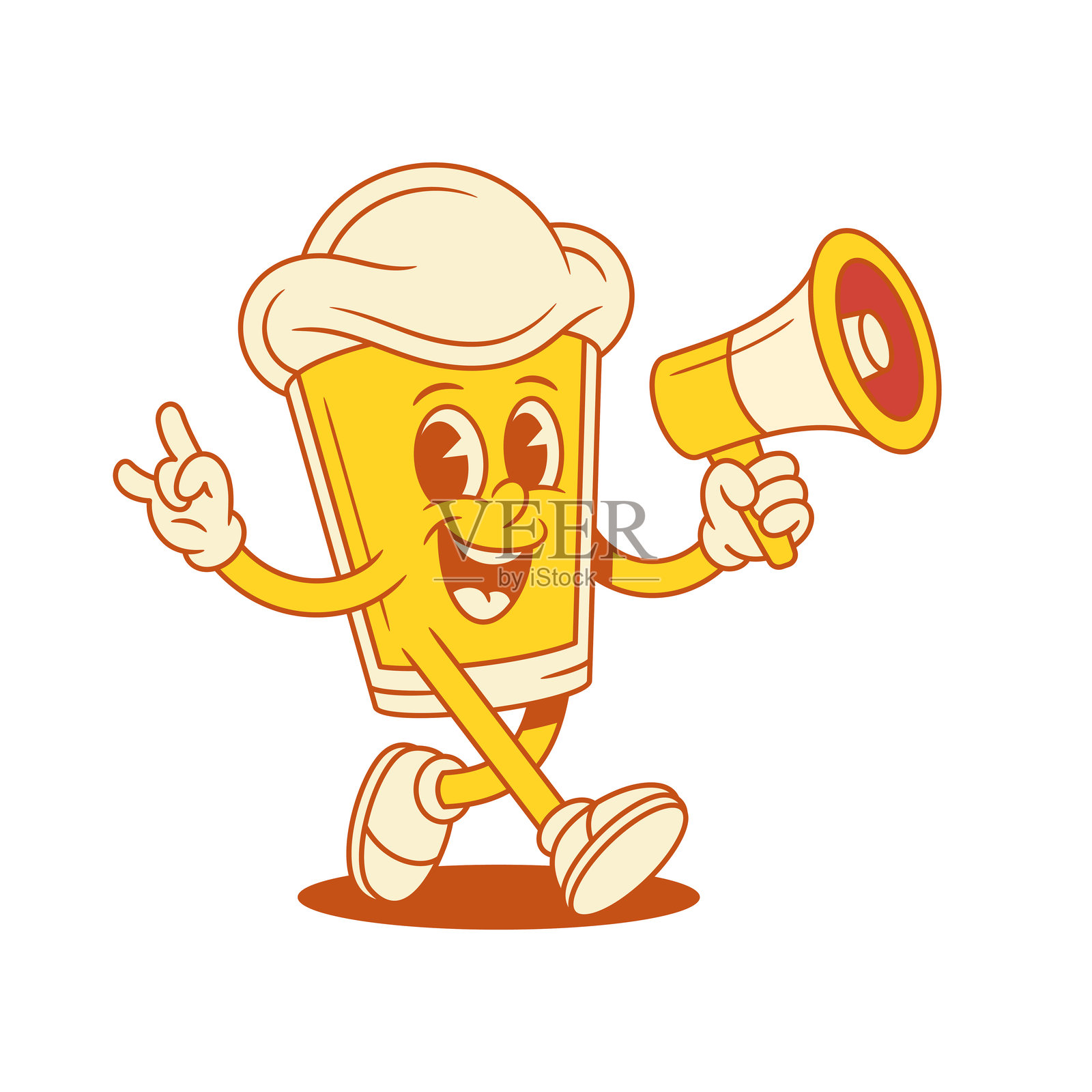 微笑的啤酒杯卡通角色，手持扩音器做摇滚手势的矢量平面插图插画图片素材