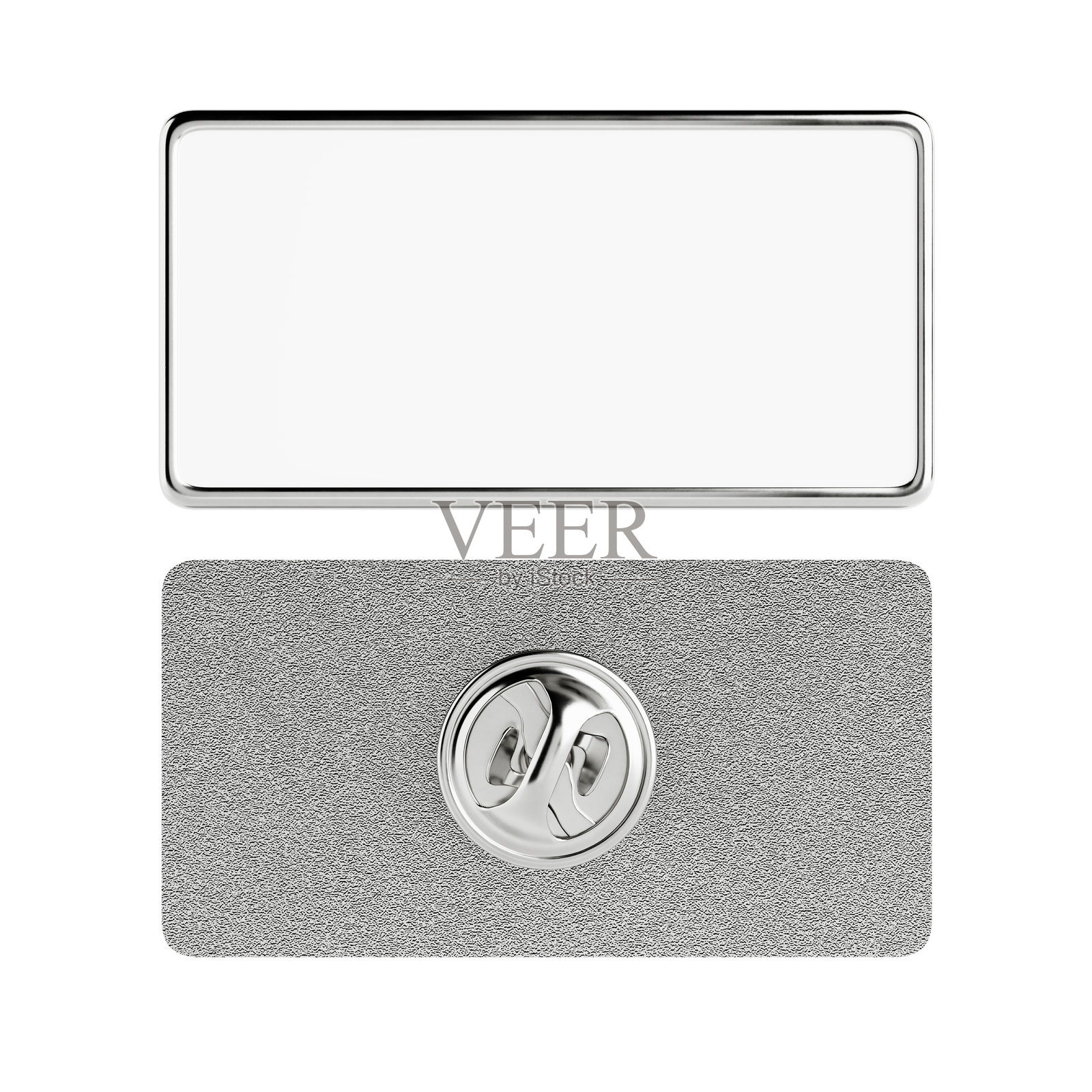 银色金属徽章别针。带安全扣的空白方形银色领针模型，正面和背面视图。3D渲染。照片摄影图片