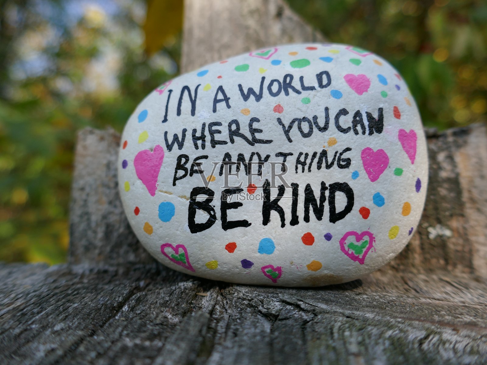 在你可以成为任何人的世界里，要善良——旧木制鸟屋屋顶上的彩绘石头照片摄影图片