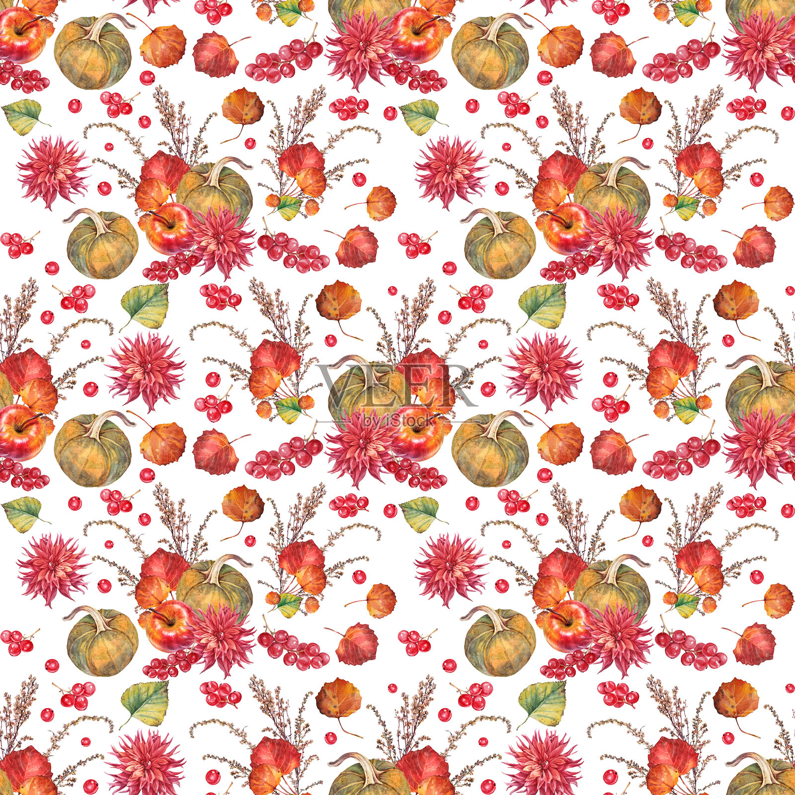 水彩秋季无缝图案，包含植物食品和花卉。白色背景上的南瓜和大丽花，搭配树枝叶子和浆果。手绘苹果适合卡片或素描本。可用作壁纸或包装。插画图片素材