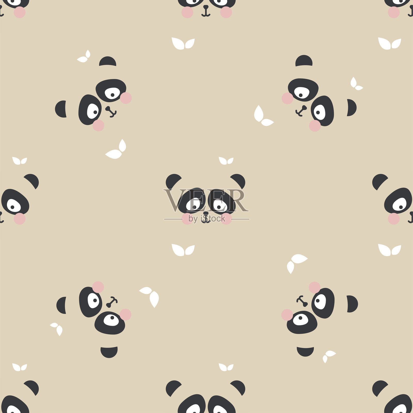 可爱的熊猫脸无缝图案。野生动物头部。纹理图案涂鸦中国熊猫。适用于时尚、背景、面料、壁纸、包装设计。插画图片素材