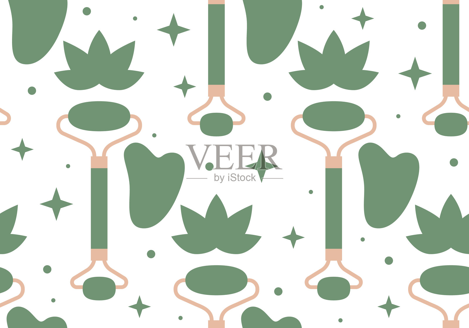 无缝图案，包含刮痧板和面部滚轮。护肤无缝图案。矢量插图插画图片素材