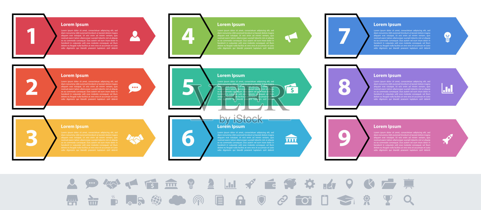 信息图设计商业概念矢量插图，包含9个步骤、选项或流程，代表工作流程或图示插画图片素材