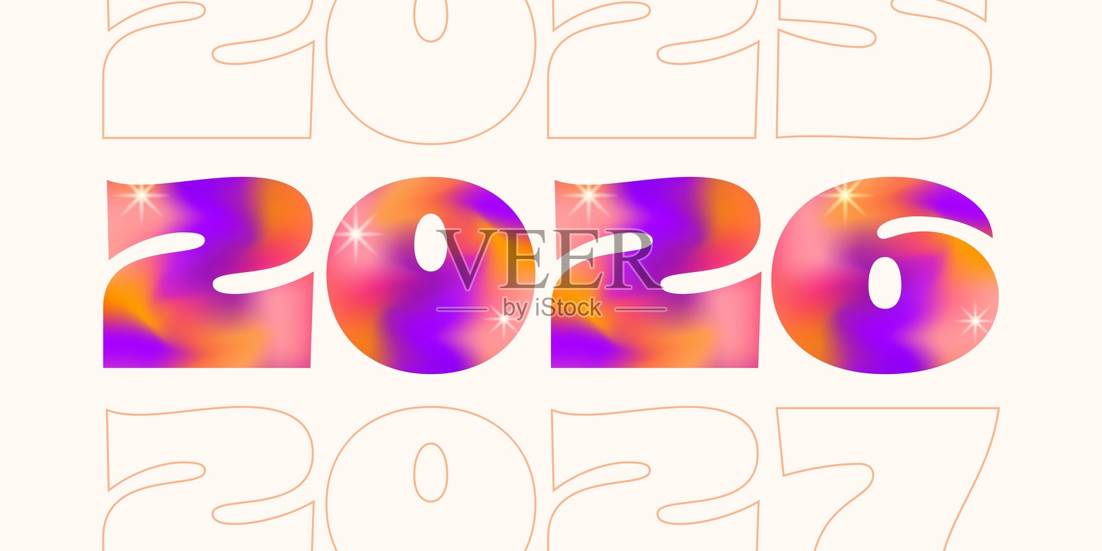 色彩斑斓的2026新年抽象设计，带有明亮的流动渐变数字和闪烁的光点。插画图片素材