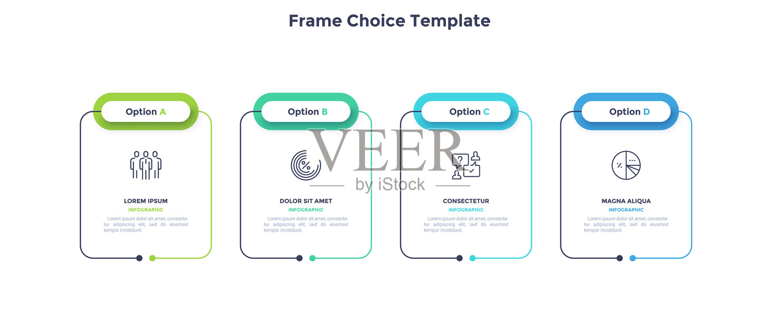 水平排列的四个矩形框架的商业模型。初创项目四个特征的概念。简单的信息图设计模板。现代扁平化矢量插图，适用于演示文稿。插画图片素材