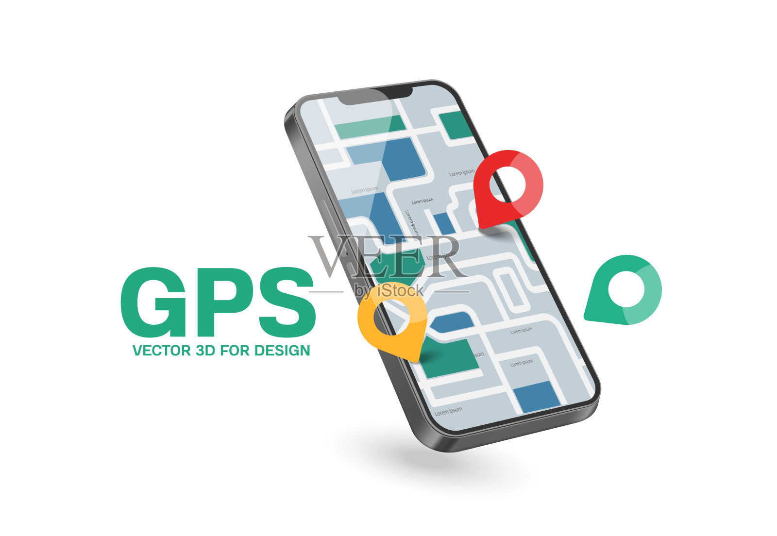 在白色背景上为广告设计展示的智能手机GPS地图应用中标记指定位置的3D矢量插图插画图片素材