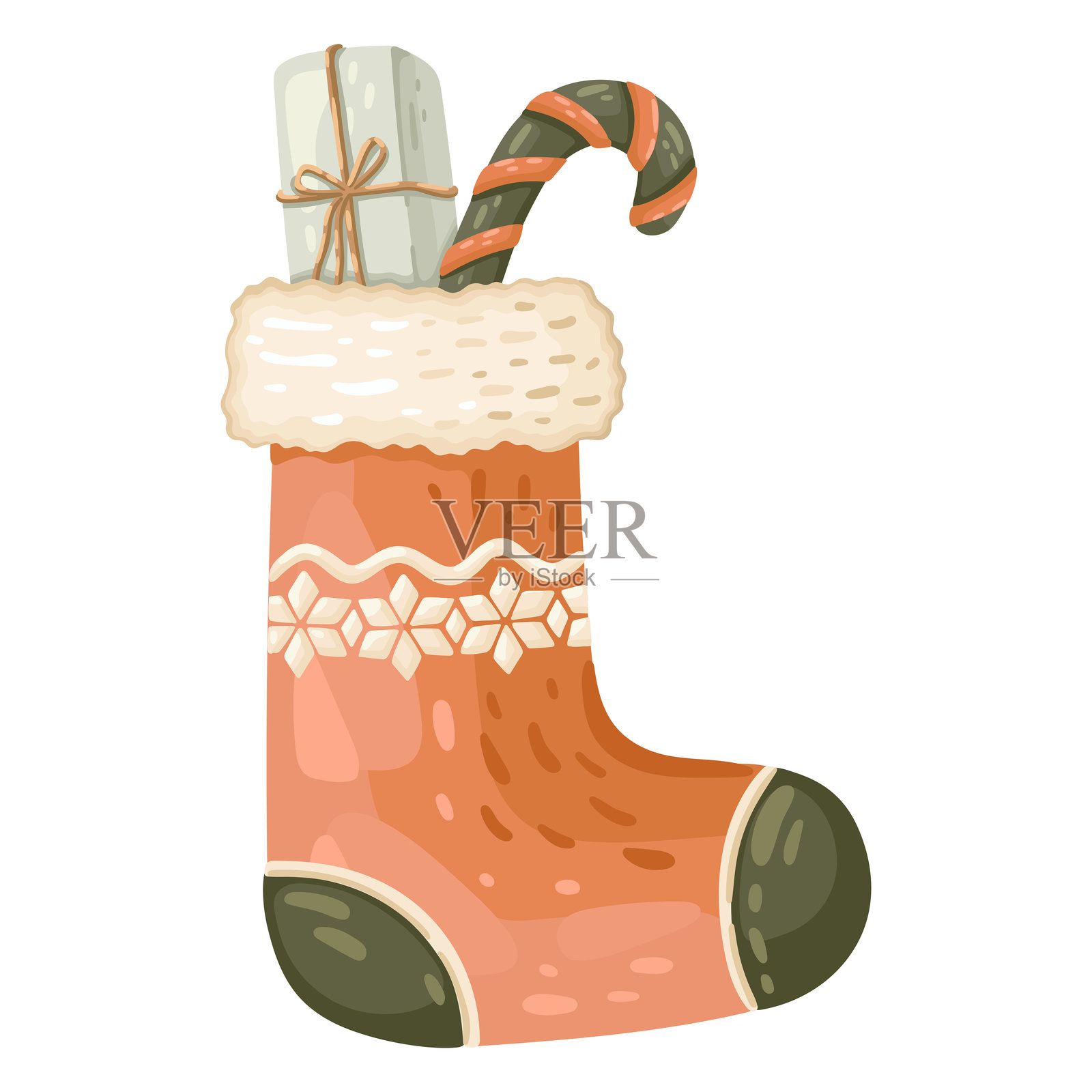 圣诞袜里装着一根糖果手杖和一个礼物。冬季装饰。矢量图。插画图片素材