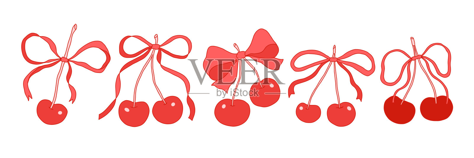 带蝴蝶结的樱桃。复古的俏皮樱桃与丝带。时尚的红色女孩浆果装饰在心形图案中。浪漫的水果装饰。情人节手绘樱桃系列。矢量插图插画图片素材