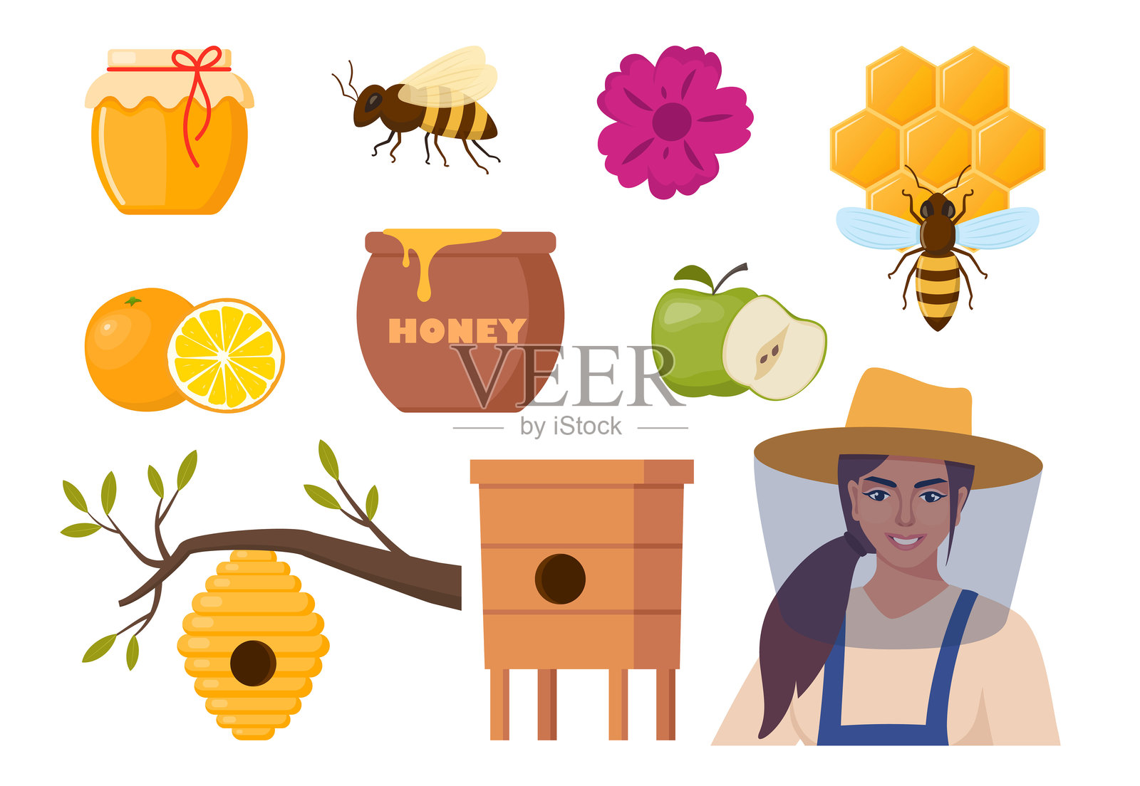 养蜂工具套件。养蜂女角色、蜂巢、蜜蜂、蜂窝、蜂蜜罐、蜜杓、花卉桶。健康的甜蜜糖浆。养蜂农场。蜜蜂养殖业务。矢量插图。插画图片素材