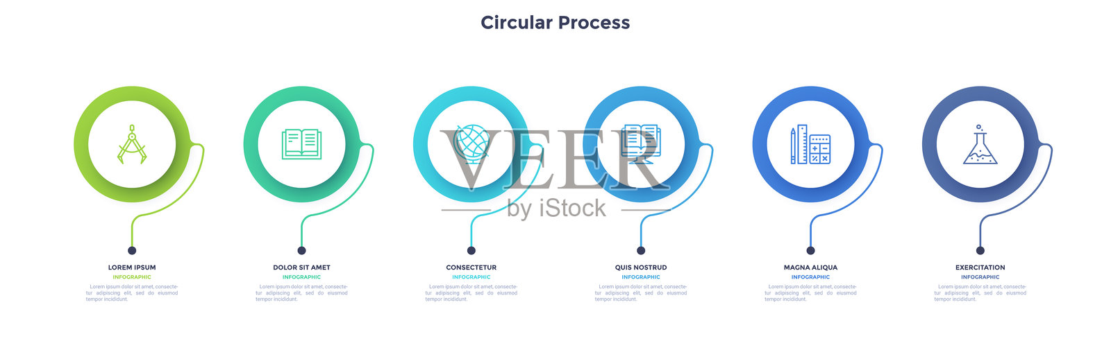 六步序列的圆形流程图，色彩简约设计。用于商业沟通和发展演示的框架。六个相连的圆形用于数据信息图。插画图片素材