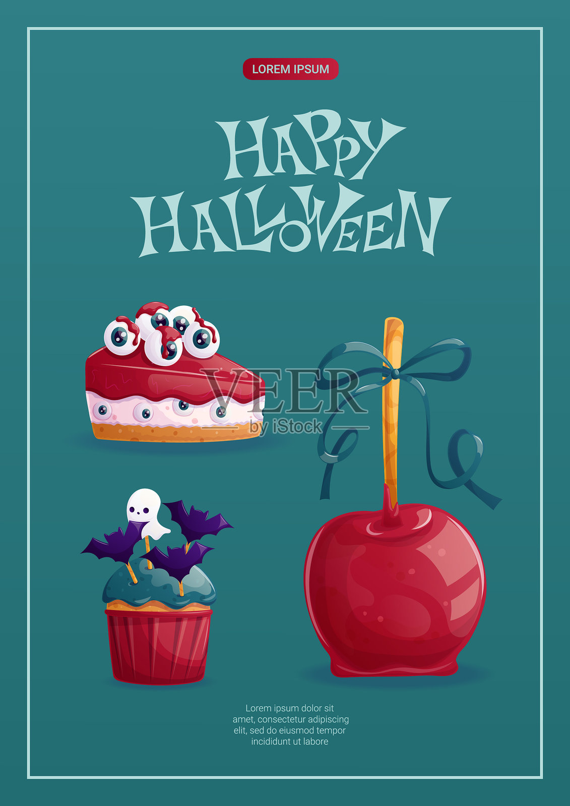 万圣节传单设计模板。焦糖苹果、蛋糕、装饰有蝙蝠和眼球的杯子蛋糕。“不给糖就捣蛋。”插画图片素材