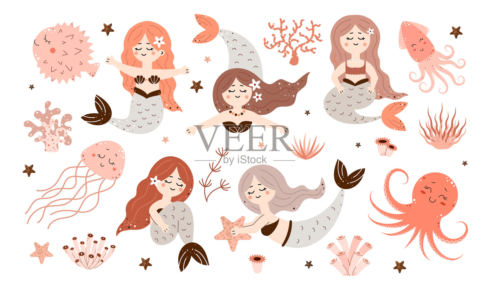可爱的美人鱼系列。海洋生物。水下世界。儿童矢量插图插画图片素材