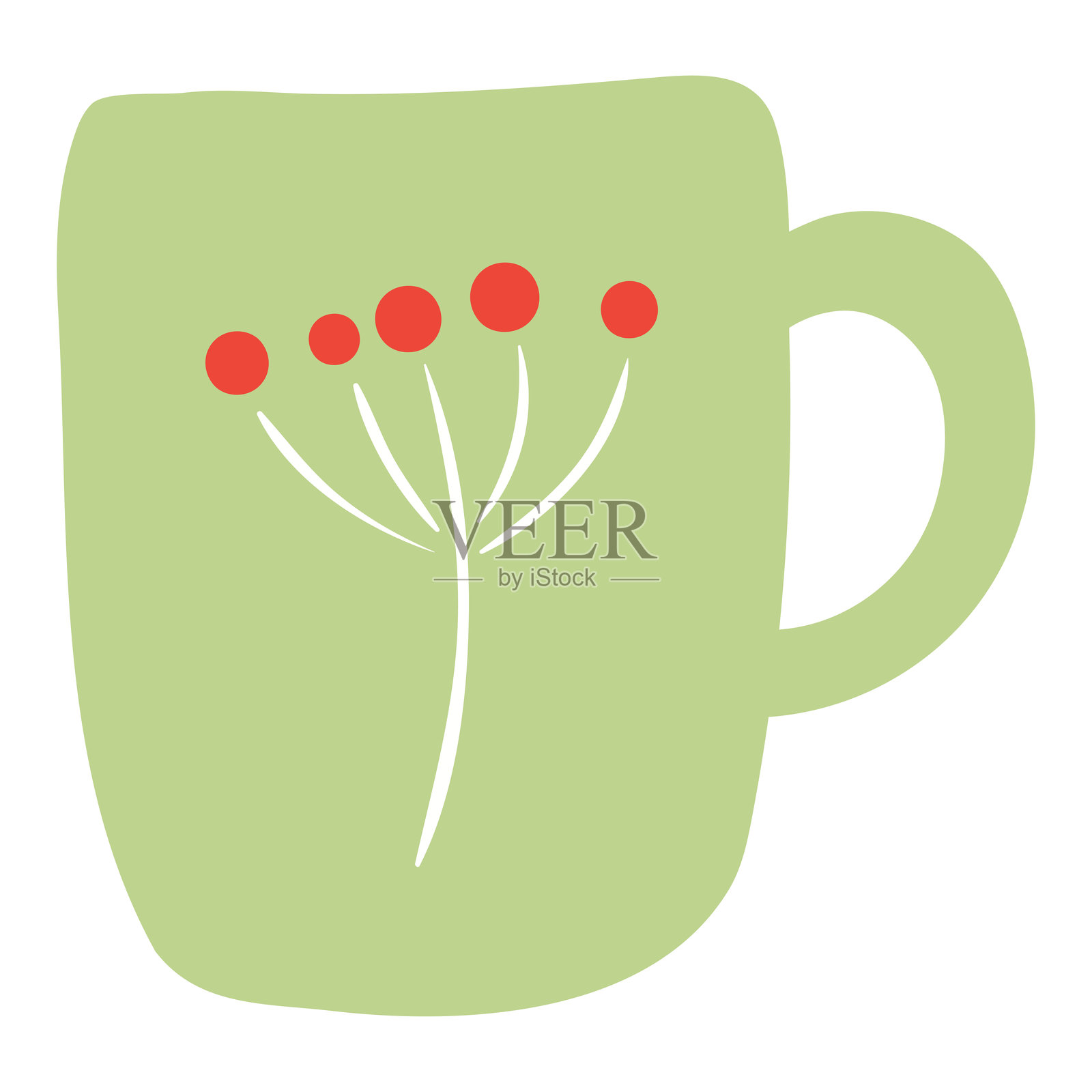 带有红色浆果图案的陶瓷杯，孤立展示。插画图片素材