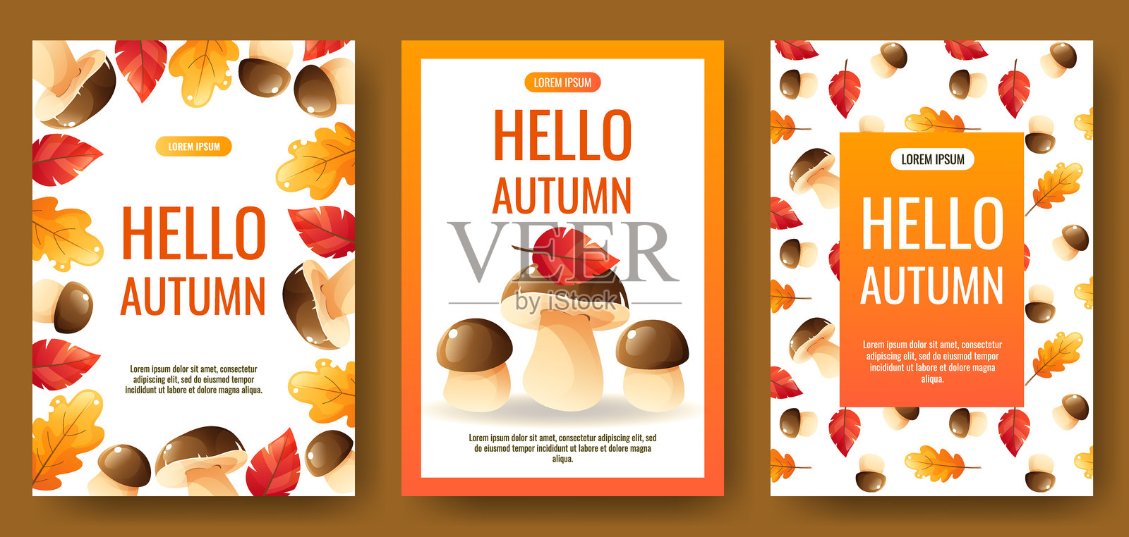 三幅带有“你好，秋天”字样的矢量模板。图像中有秋天的橡树叶和蘑菇，背景为温暖的秋季色彩，搭配浅色背景。框架围绕着文字。插画图片素材