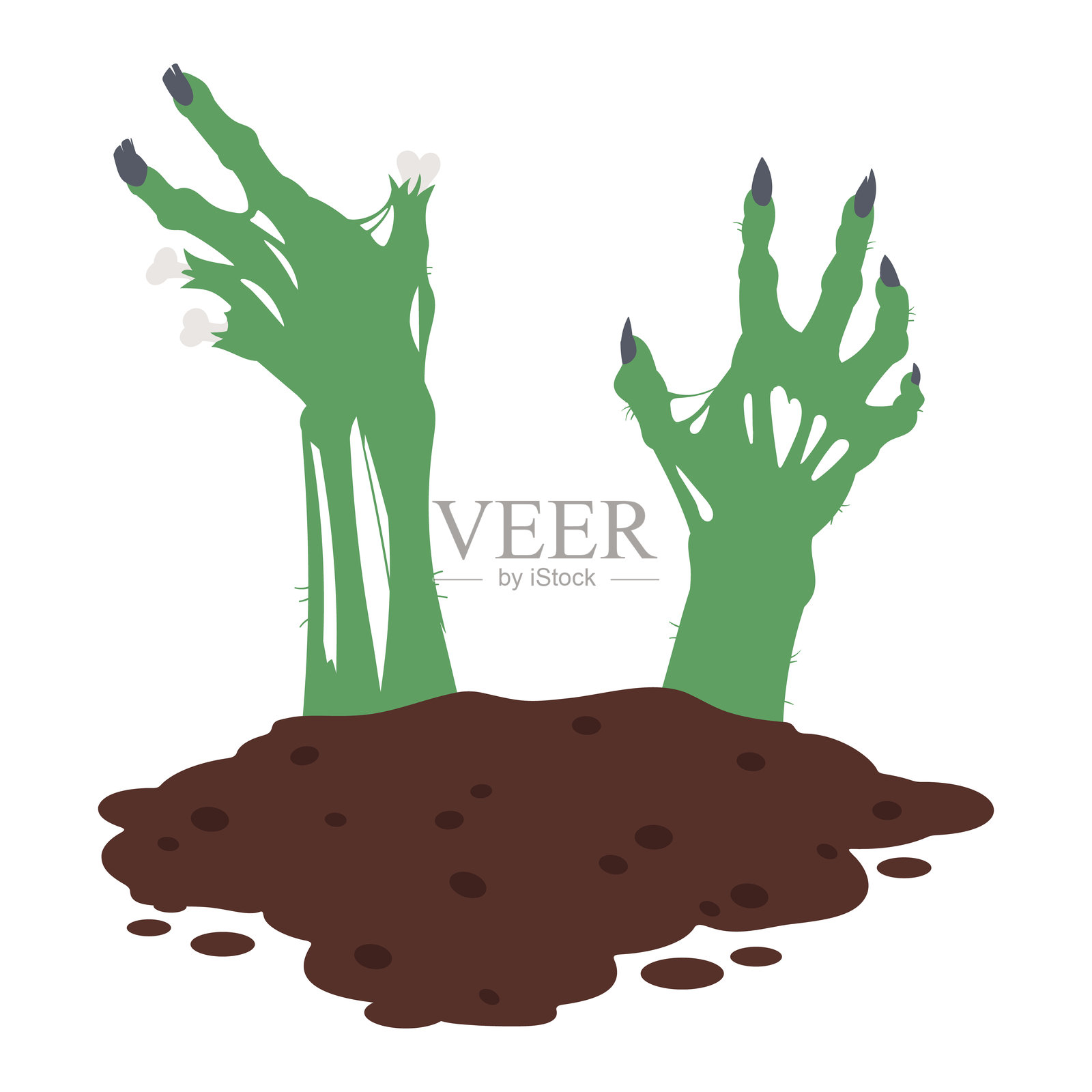 僵尸手从坟墓中爬出。万圣节恐怖的僵尸手臂，阴森的骨骼怪物手，平面卡通矢量插图。瘦弱的四肢伸出地面。插画图片素材