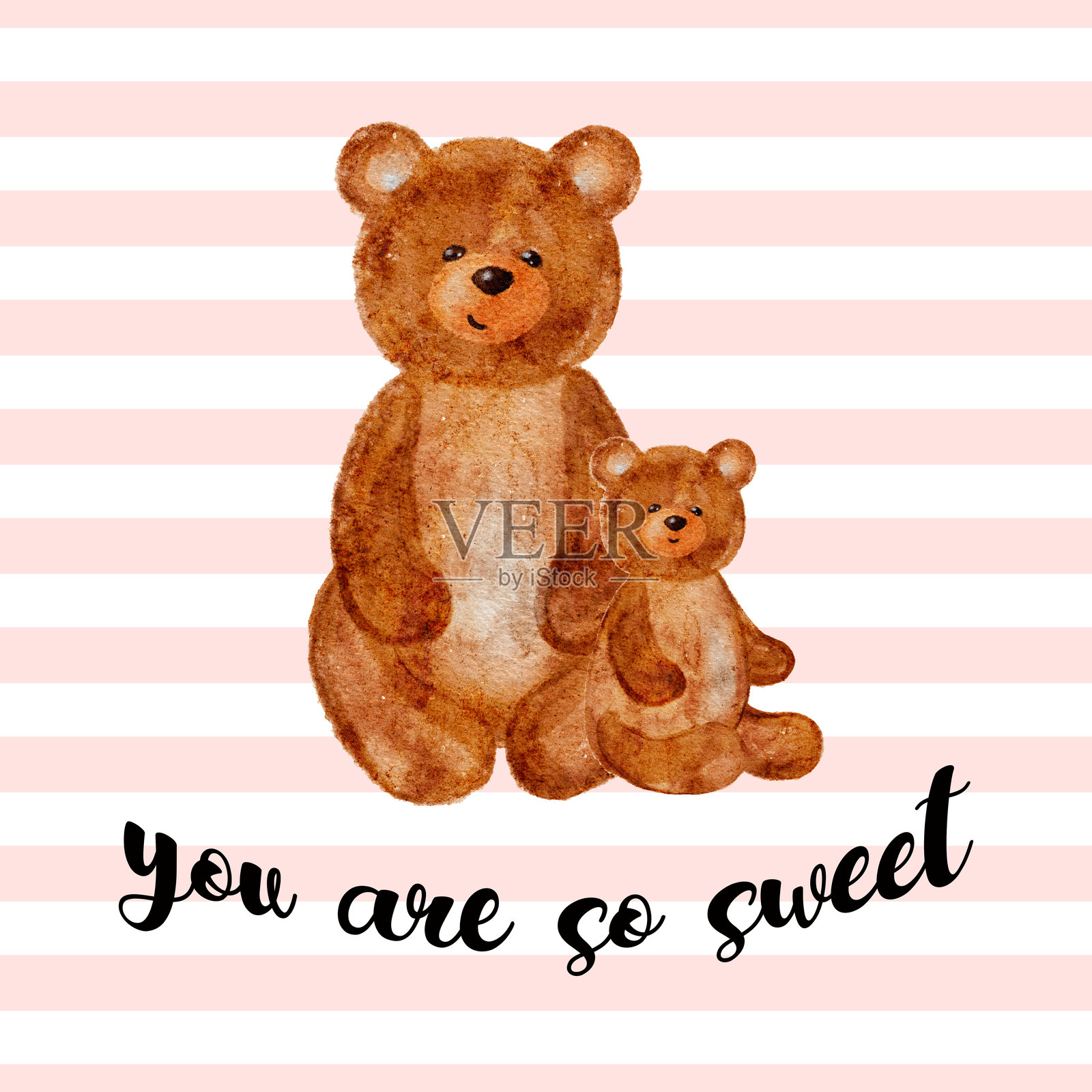 两只可爱的泰迪熊在粉白条纹背景上摆姿势，文字为“你真甜”。插画图片素材