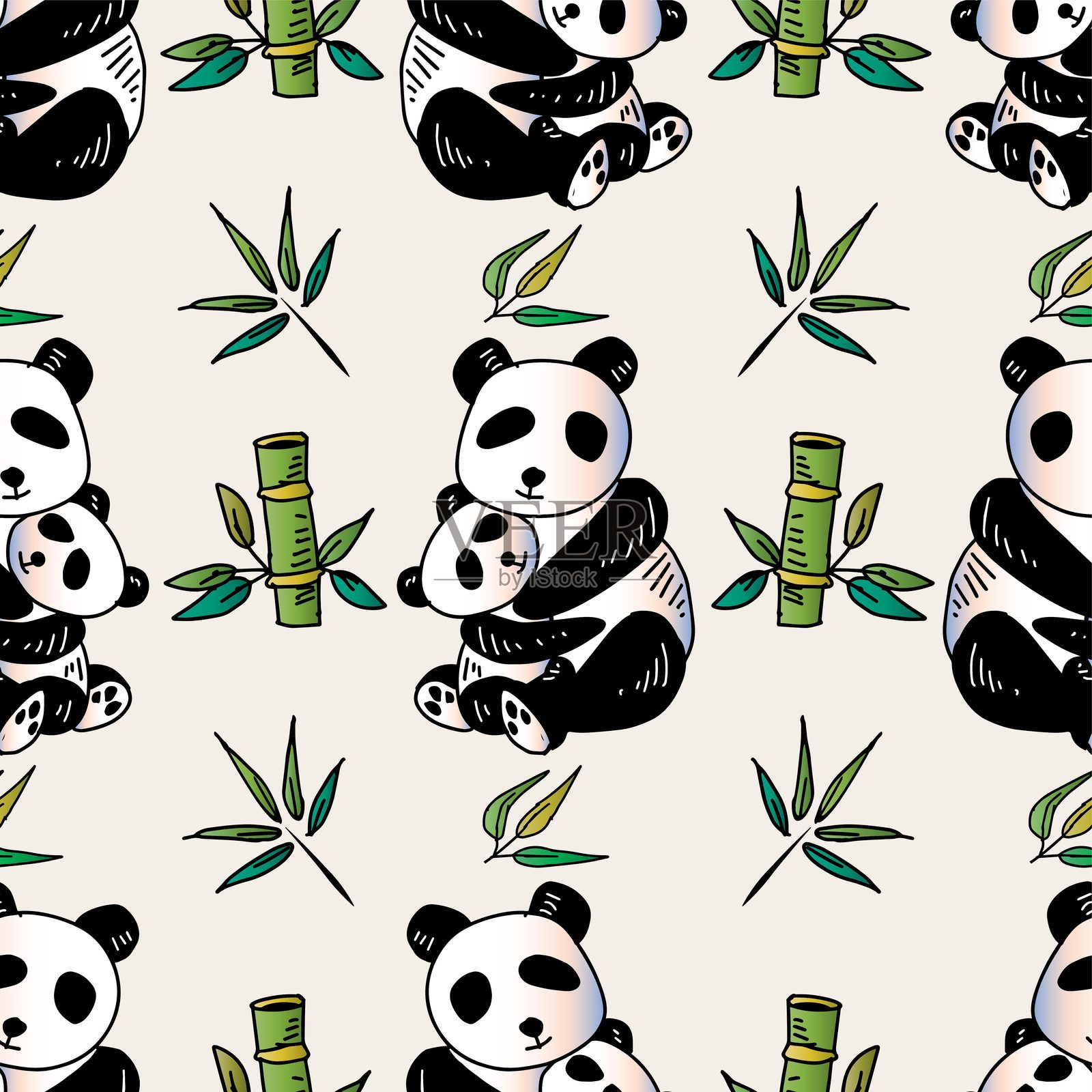 可爱的熊猫妈妈、宝宝和竹子的无缝图案。矢量插图。插画图片素材