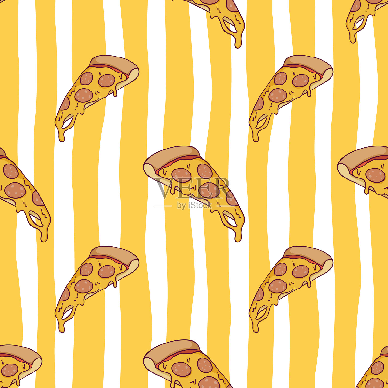 黄色条纹背景上美味披萨切片的无缝图案插画图片素材