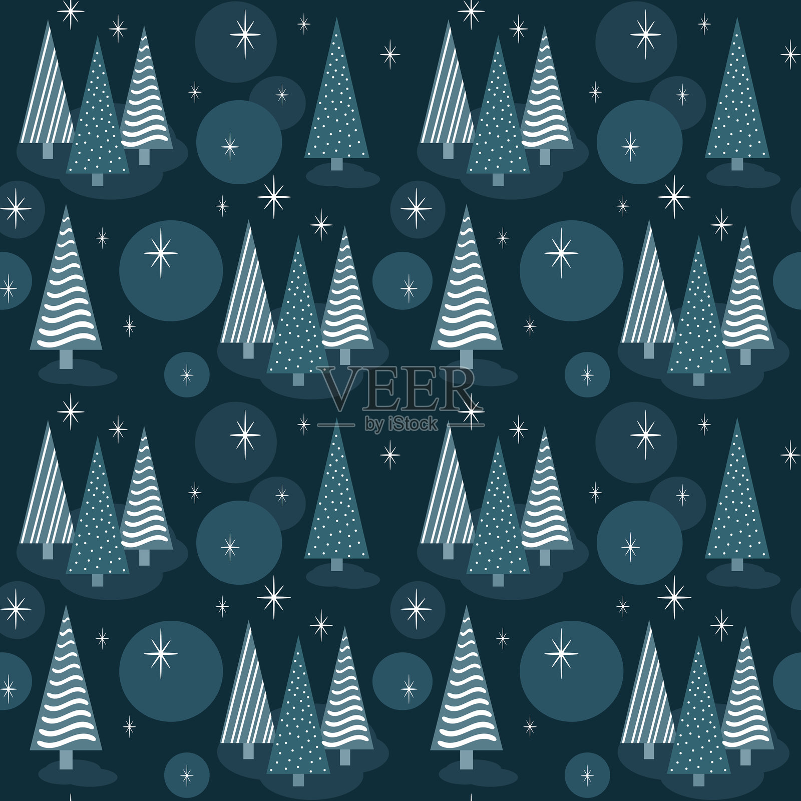 深蓝色背景上带有程式化树木和星星的无缝冬季森林图案插画图片素材