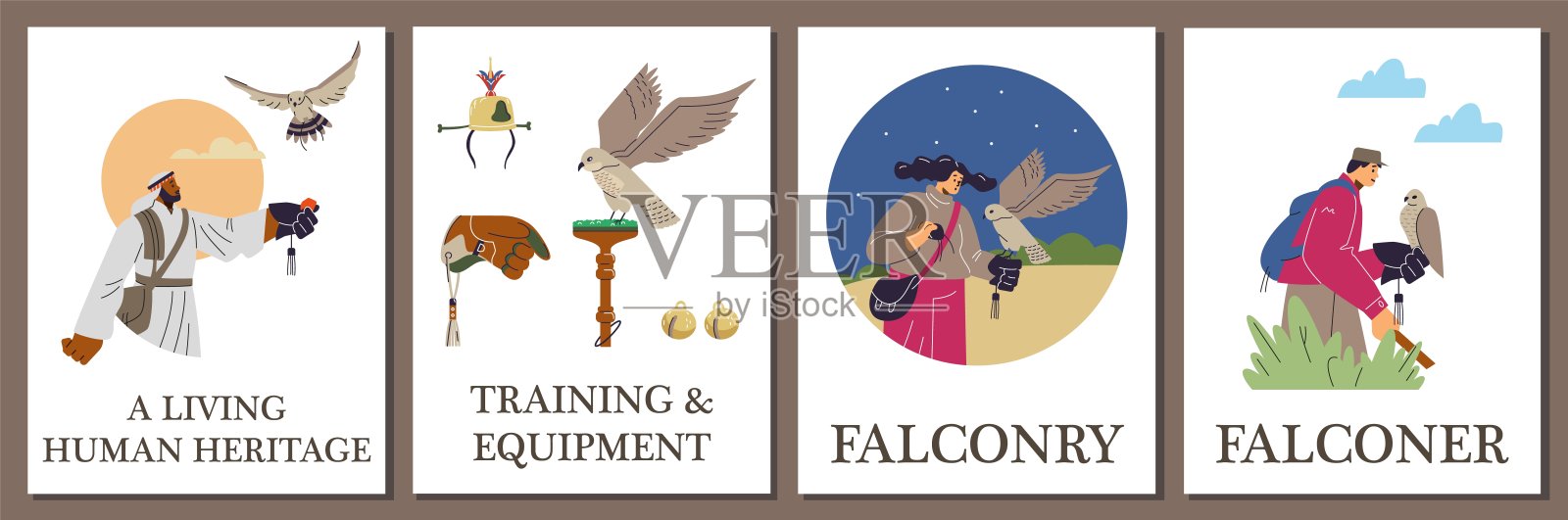 阿拉伯猎鹰者在森林或沙漠自然中佩戴猎鹰手套和猎鹰，猎鹰术矢量海报系列插画图片素材