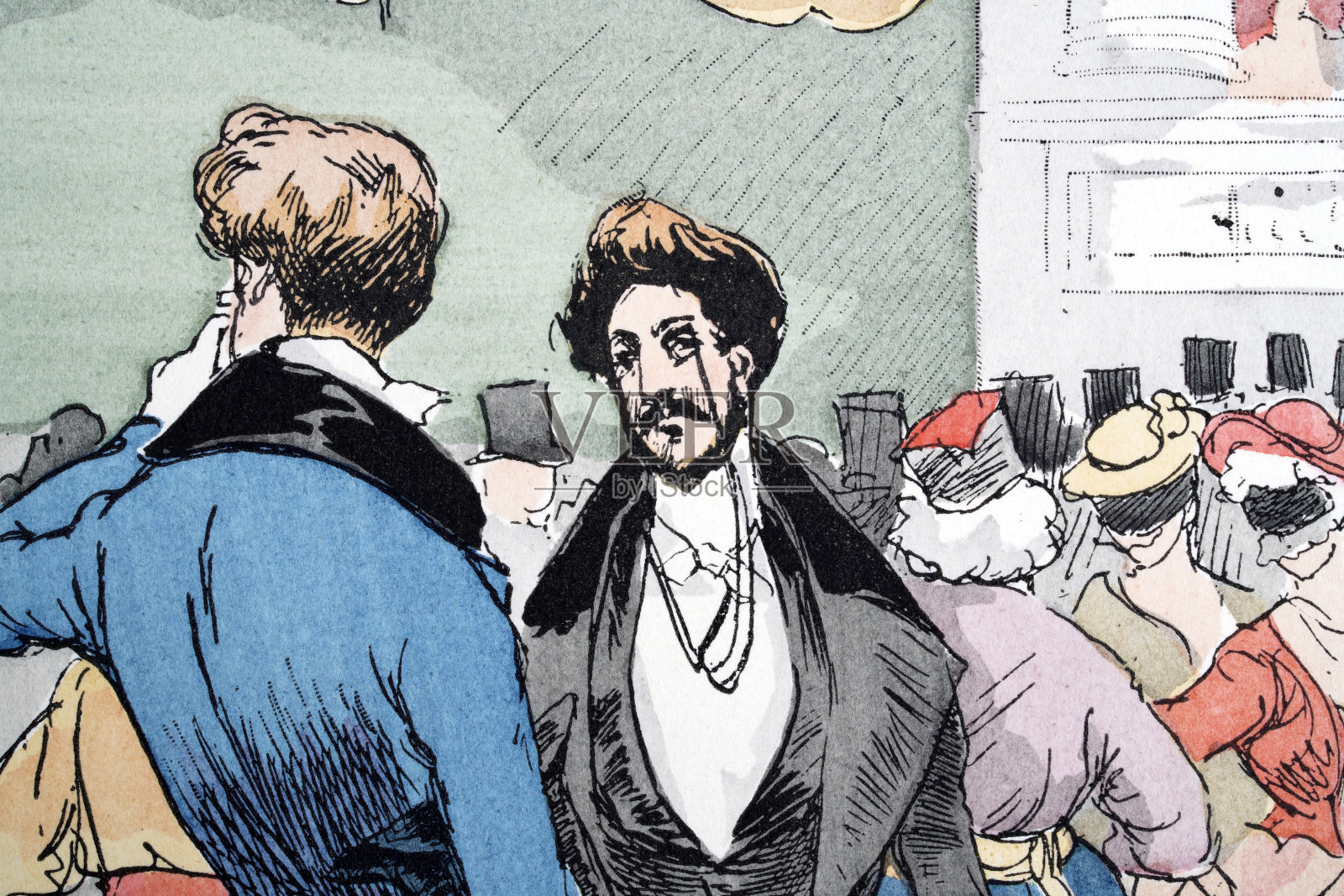 时尚史，两位衣着考究的纨绔子弟，戴单片眼镜的男人，法国，19世纪30年代，复古插画插画图片素材