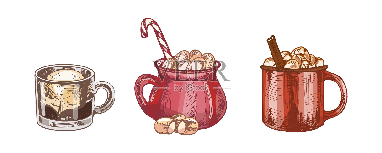 手绘复古风格的阿芙佳朵咖啡和带棉花糖的热可可的节日彩色插画插画图片素材