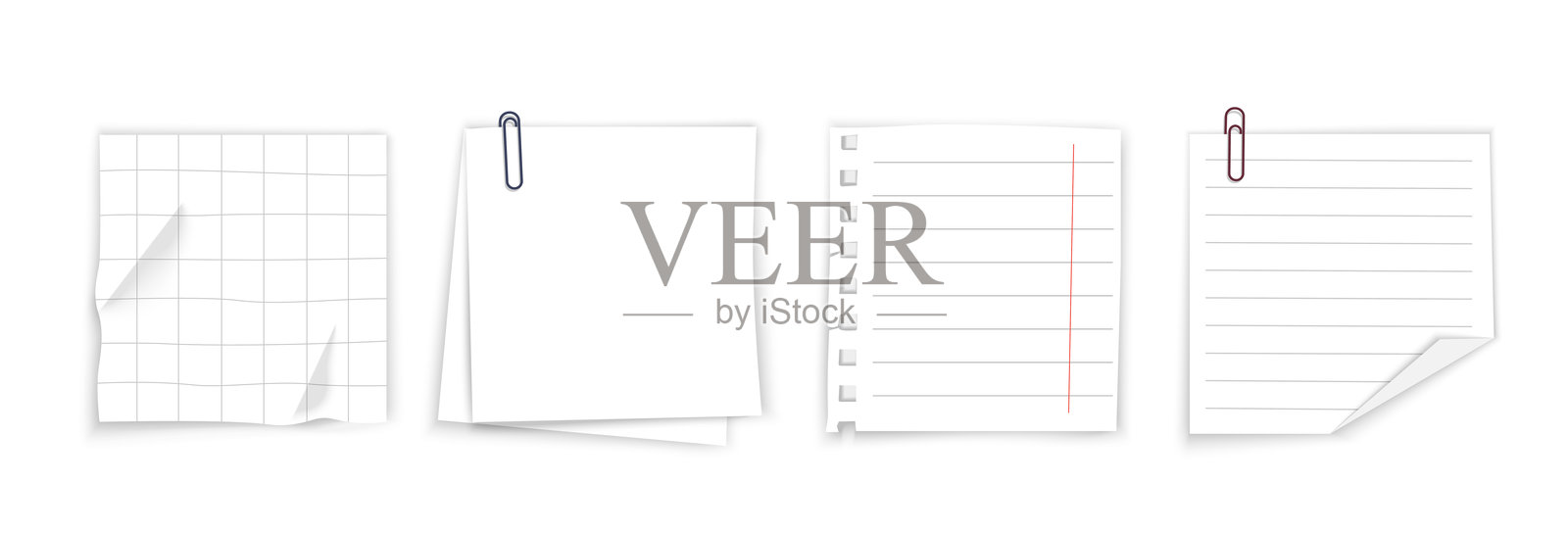 白色的记事本或便签纸，用回形针从上方固定插画图片素材