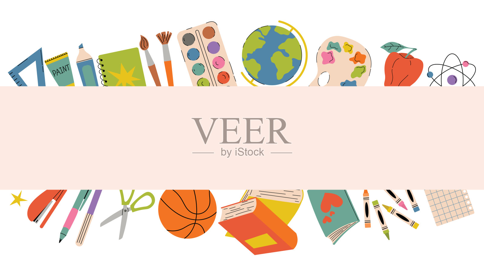 可爱返校卡片，用书籍、地球仪、颜料和画笔等学校和艺术用品的扁平卡通风格边框装饰。插画图片素材